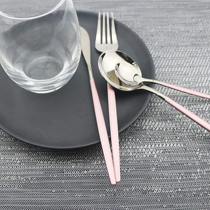 JASHII 24pc Titanium Pink Plated Stainless Steel Flatware Set, Pink Handle Silver Mouth Cutlery Service for 6