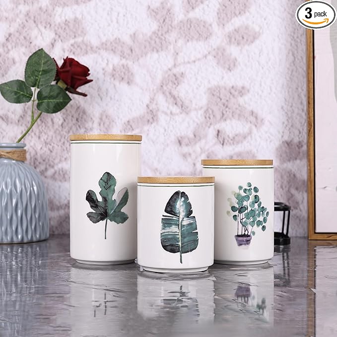 Ceramic Canister Set for Kitchen Countertop - A Set of 3 Kitchen Canisters with Tiered Shelf, Airtight Countertop Flour and Sugar Containers, Coffee and Tea Storage (Green plants A)