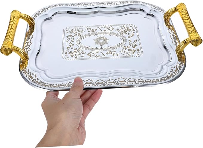 Rectangular Serving Tray with Handles 304 Stainless Steel Snack Platter for Parties Coffee Table and Restaurant Use Sturdy Beverage Serving Tray with Non-Slip Design