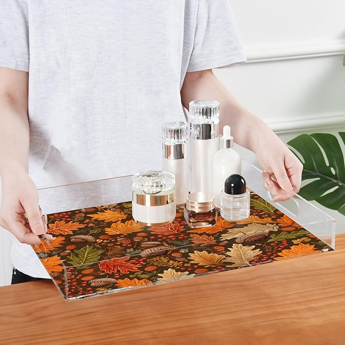 Serving Tray with Handles Clear Acrylic Tray 12x16 Inch Decorative Rectangular Tray Organizer for Ottoman Coffee Table Bathroom Brown Maple Leaves Acorns Berries Branches