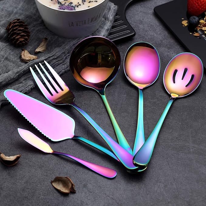 Rainbow Serving Spoons Set 6 Pieces, Serving Utensils Set Include Cake Server Slotted Spoon Serving Spoon Serving Fork Ladle Butter Knife Spreader Serving Set Dishwasher Safe