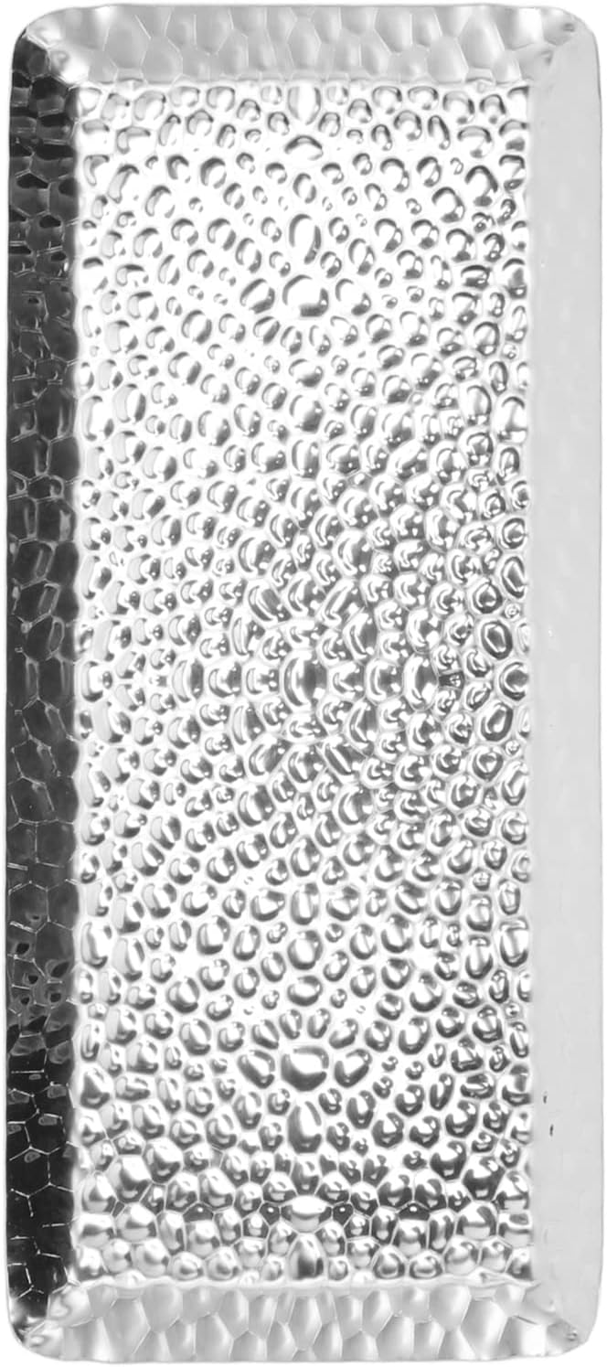 Dioche 4x12 SilvStylish 25x11cm Hammered Stainless Steel Serving Tray - Multipurpose for Desserts, Fruits & Refreshments - Dishwasher Safe Elegance for Home & Restaurant (Silver)