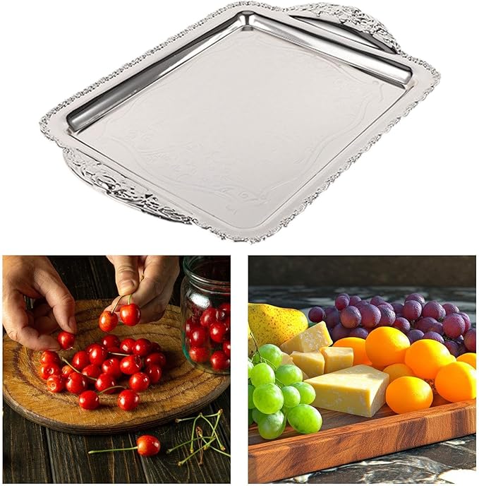 Decorative Fruit Tray Serving Platter Handcrafted Wearproof Drop Resistant Rectangle Plate Fruit Plate for Home Restaurant, Silver, Medium