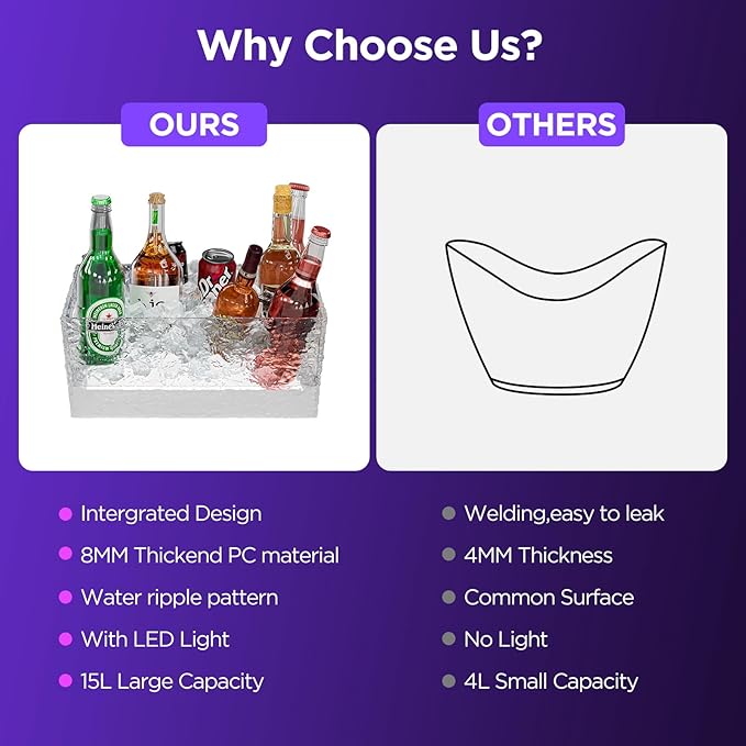 Plastic Ice Bucket Beverage Tubs for Parties, 15Liter / 4 Gallon Large Clear Drink Tub for Champagne Beer Drink Wine Cocktails, 7 Colors LED Light Up with Remote, Leakproof