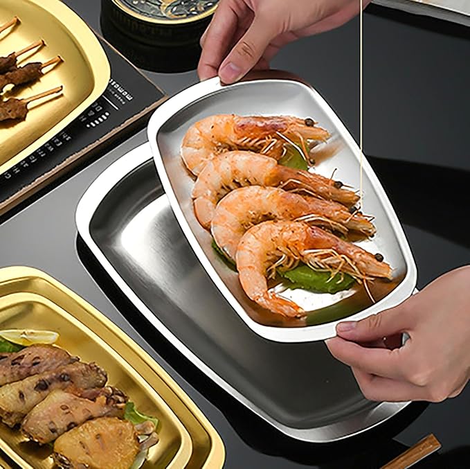 Thickened Serving Tray, 7.5 Inch x 4.1 Inch Strainless Steel Trinket Tray, for Serving Fruit, Cake, Barbecue, Cosmetics Jewelry, Grilled Meat, and Snack at Home, Party and Outdoors (Small)