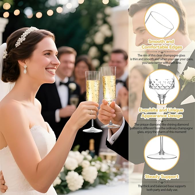 supernal 20 Pack Plastic Champagne Flutes - 7Oz Clear Crystal Champagne Glasses -Plastic Toasting Glasses 3-Pieces Durable Perfect for Party Birthday Anniversary Wedding