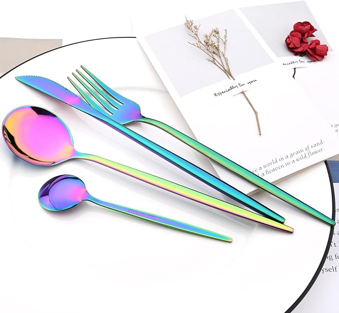 30Pcs Rainbow Simplicity Mirror Finished Cutlery Set, 18/0 Stainless Steel Daily Use Silverware Kitchen Home Restaurant Party Dessert Flatware Set Include Knife/Fork/Spoon, Service For 6