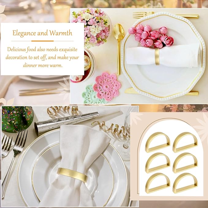 Stainless Steel Napkin Rings Metal Napkin Ring Holders, Yimerlen Holder Serviette Buckles for Family Dinner, Wedding, Party (Semicircle Matte Gold) 12 Pcs