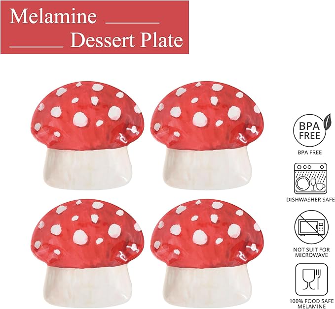 UP UPware Mushroom Shaped Melamine Dessert Plates, Small Serving Plates, for Appetizer, Snacks, and Side Dishes, Beige and Green, 6 Inch, Set of 4
