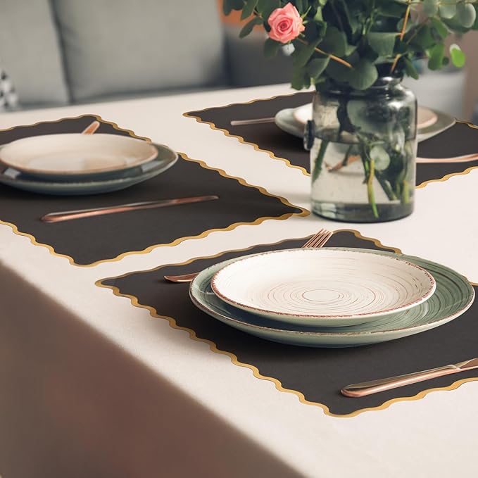 150 Pcs Disposable Paper Placemats Bulk 10"x14" Rectangle Place Mats with Scalloped Edges Dining Table Mat for Wedding Birthday Easter Party Table Decoration(Black)
