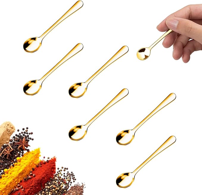 Small Spoons for Spice Jars 6 Pcs Mini Spoons Set, 2.9 Inch SUS 304 Stainless Steel Tiny Spoon for Spices, Salt, Pepper, Condiment, Sugar, Honey, Coffee (Gold)