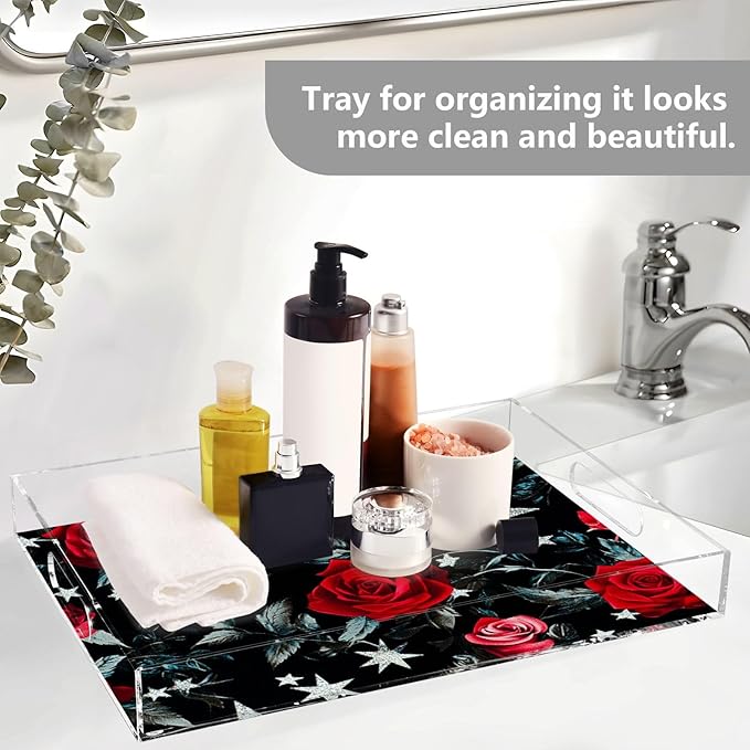 Clear Serving Tray with Handles Silver Stars Red Roses Acrylic Tray for Bed 12 x 16 Spill-Proof decoración