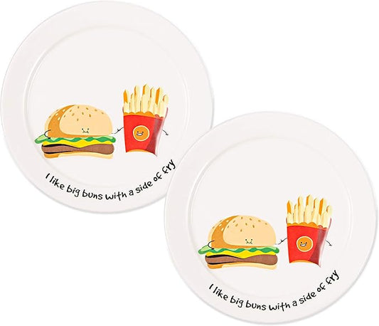 Pavilion Gift Company Pavilion-I Like Big Buns with A Side of Fry-7.25 Inch Cheeseburger and Fries Set Appetizer Plates Set of 2, 7.25", White