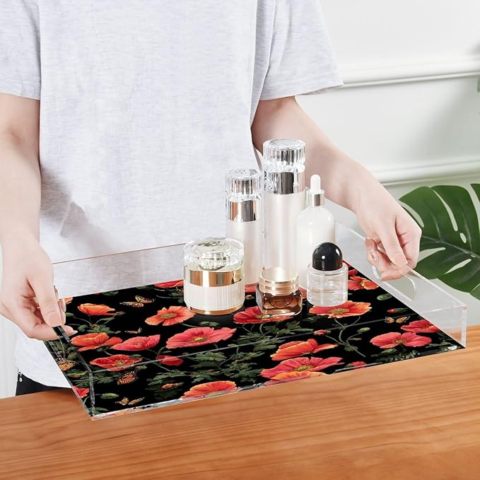 Serving Tray with Handles Clear Acrylic Tray 12x16 Inch Decorative Rectangular Tray Organizer for Ottoman Coffee Table Bathroom Black Poppy Butterfly