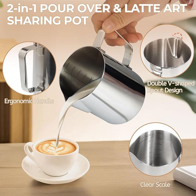 Uncoated Pour Over Coffee Maker 350ml Milk Frothing Pitcher 304 Thickened Stainless Steel Drip Coffeemaker Set with 50pcs V60 Cone Paper Filters Hand Brew Dripper Carafe for Home Camping Travel 12oz