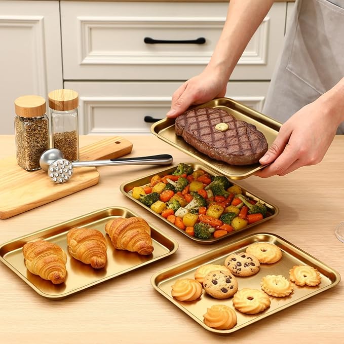 6 Pcs 7.5 x 5.5 Inch Gold Baking Sheets Stainless Steel Baking Pan Tray Cookie Sheet Rectangle Mirror Finish and Rust Free Easy Clean and Dishwasher Safe Bakeware Oven Tray for Roasting