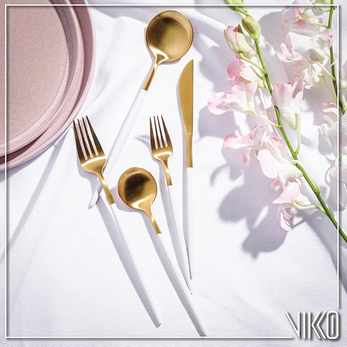 Vikko Decor Modern Flatware Set: Matte White and Gold Silverware Set, 18/10 Stainless Steel, Fancy Long Handled Cutlery, Two Toned Silverware for Upscale Dining, 20 Pc Set, Service for Four(4)