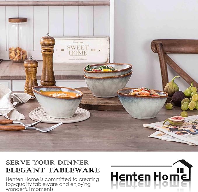 Henten Home Ceramic 20 oz Salad Bowls Set, Slanted Snack Bowl Set of 4, Porcelain Serving Bowls for Soup, Dessert, Microwave & Dishwasher Safe, Reactive Glaze (White)