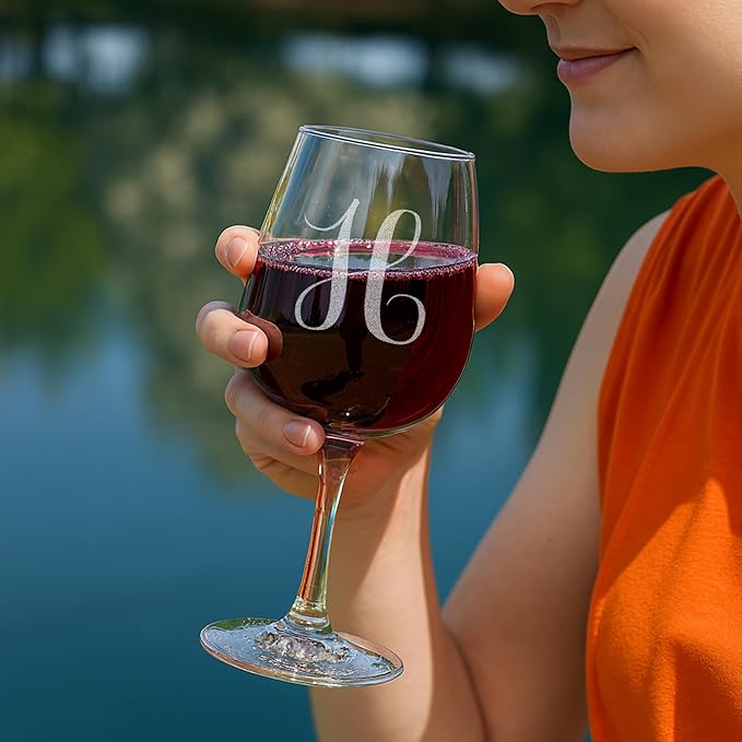 Monogrammed A-Z Wine Gifts for Women - 12.75 oz Engraved Personalized Wine Glass- Funny Wine Lover Monogram Gifts for Women - Unique Wine Glasses Gift Set (H)