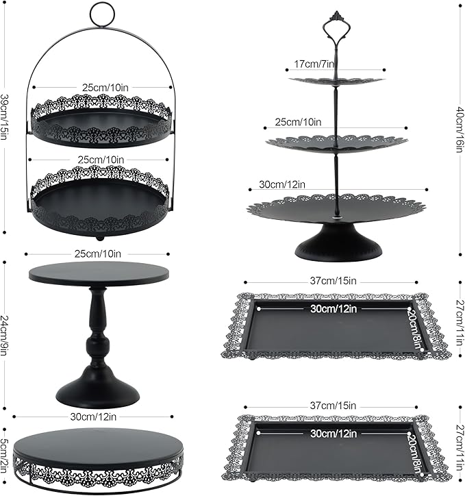 6 Pcs Black Cake Stands Set, QENUIITEA Cake Display Pedestal Tiered Cupcake Holder Dessert Plate Serving Tower Tray Decorative for Wedding Birthday Party Baby Shower Celebration