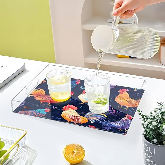 Serving Tray with Handles Clear Acrylic Tray 12x16 Inch Decorative Rectangular Tray Organizer for Ottoman Coffee Table Bathroom Rooster Spring Blue