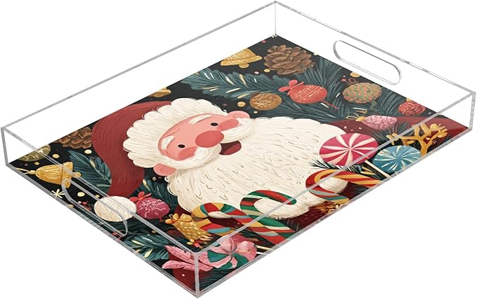 Serving Tray with Handles Clear Acrylic Tray 12x16 Inch Decorative Rectangular Tray Organizer for Ottoman Coffee Table Bathroom Santa Claus Lollipop Baubles