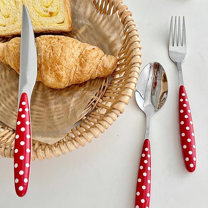 60-Piece Silverware,Service for 10，Stainless Steel Flatware Set，Red Cute Polka Dot Handle， French for Flatware Sets Afternoon Tea,Mirror Finish, Gift Box，Machine Washable