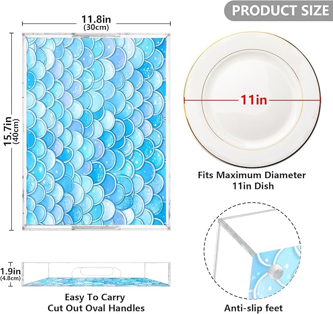 Serving Tray with Handles Clear Acrylic Tray 12x16 Inch Decorative Rectangular Tray Organizer for Ottoman Coffee Table Bathroom Blue Fish Scale Pattern