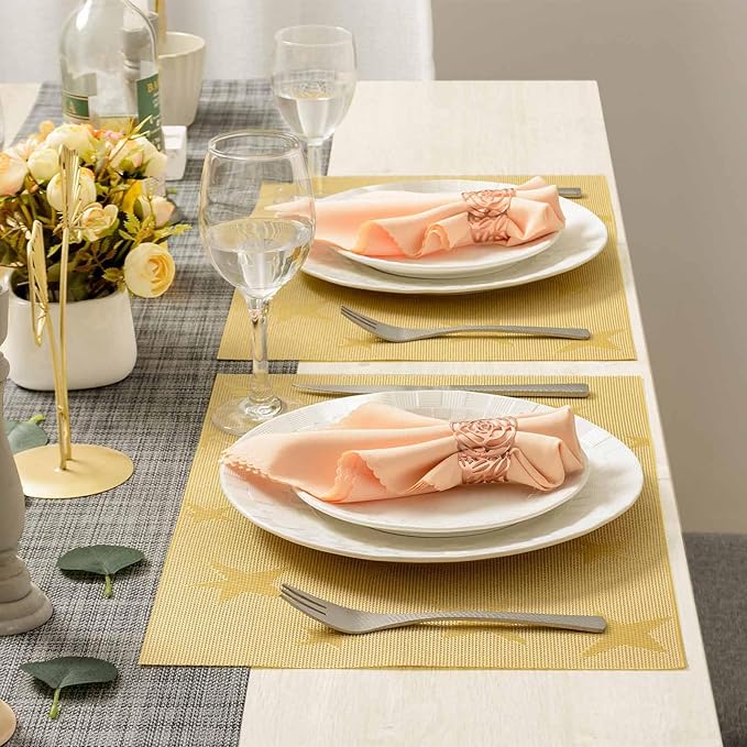 AHHFSMEI Placemats for Dining Table Set of 8 Woven Vinyl Plastic Place Mats Non-Slip Heat Insulation Stain Resistant Table Mats Washable Easy Clean Placemats (Gold Star 8)