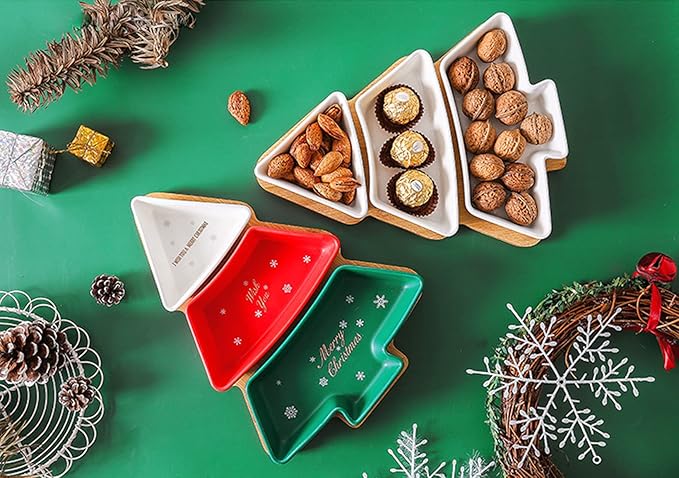 Colorful 11.6 Inches Big Colorful Snack Appetizer Trays Set, Christmas Tree Dessert Serving Dishes, Snack Platter, 3 pcs Removable Porcelain Plates with Bamboo Tree Tray