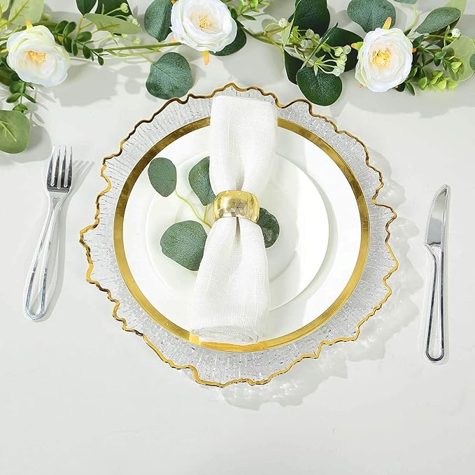 13" Charger Plates - Set of 24 - Acrylic Clear/Gold Round Reef Disposable Chargers, Ideal for Dinner Party Wedding Holiday Bulk Events