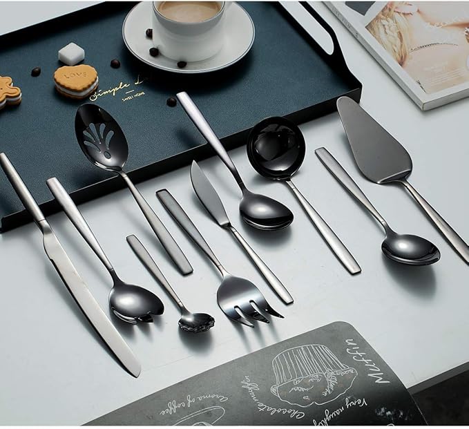 Berglander Black Serving Utensils 10 Pieces, Titanium Plating Serving Spoons, Included Cake Knife Cake Server Serving Forks Sugar Spoon Salad Spoon Forks Butter Knife Gravy Ladle ect.