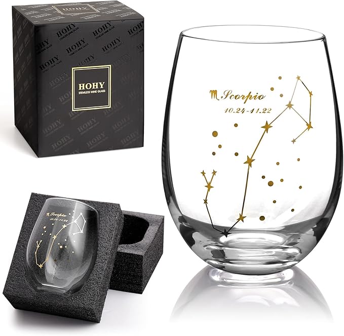 HOHY Scorpio Zodiac Wine Glass 20 Oz, Scorpio Zodiac Birthday Horoscope Gifts for Women, Birthday Wine Glass Astrology Constellation Christmas Gifts for Women, Constellation Wine Glasses Golden