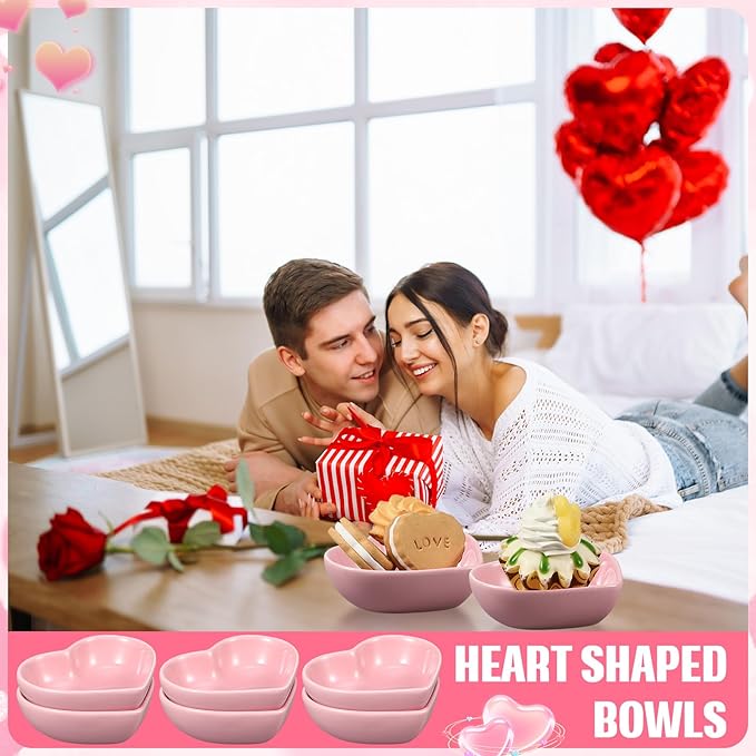 6 Pieces Heart Shaped Bowls Ceramic Dip Bowl Plates Multipurpose Salad Bowls Appetizer Plates Cooking Gifts for Candy Sauce Sushi Dipping Serving Wedding Anniversary Valentine's Day (Pink)