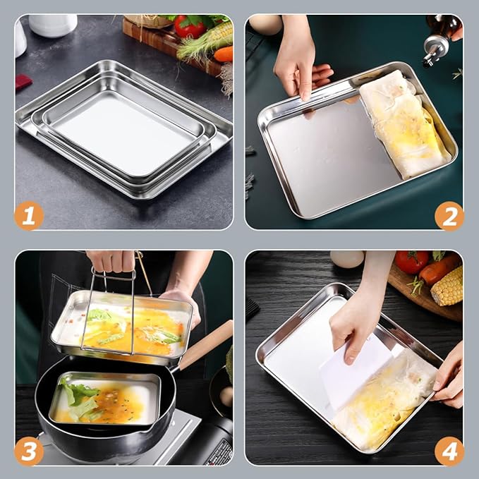 TOYANDONA 3pcs 304 Stainless Steel Serving Trays Set, Multipurpose Food and Dessert Plates with Deep Edges, Oven-Safe Baking and BBQ Grill Pans for Kitchen and Party Use