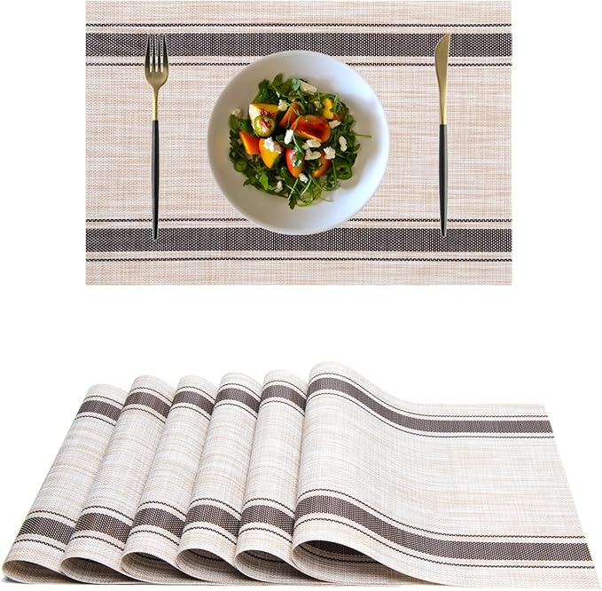 Placemats,PlasticVinyl Washable Heat-Resistant Durable PVC Non-Slip Woven for Kitchen Dining Table Mats (Coffee Beige, Set of 8)