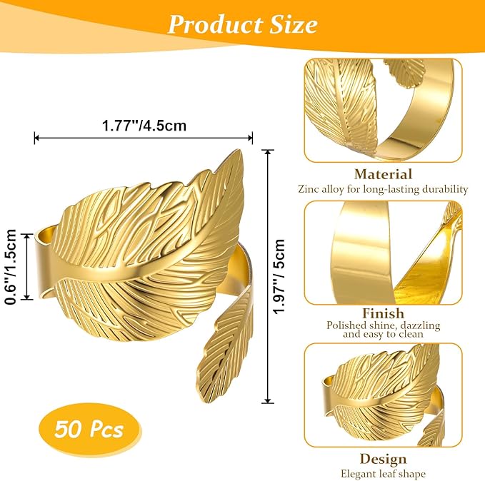 50 Pcs Gold Napkins Rings Bulk, Wedding Napkin Rings Set with Elegant Leaf Design, Premium Gold Napkin Holders for Thanksgiving Christmas Party Table Decor