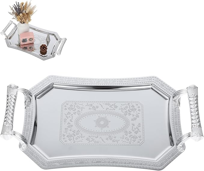 Silver Serving Tray: 11" Stainless Steel Serving Platter with Handles - Vintage Metal Rectangular Fruit Snack Tray for Dessert, Jewelry & Coffee Table Decor
