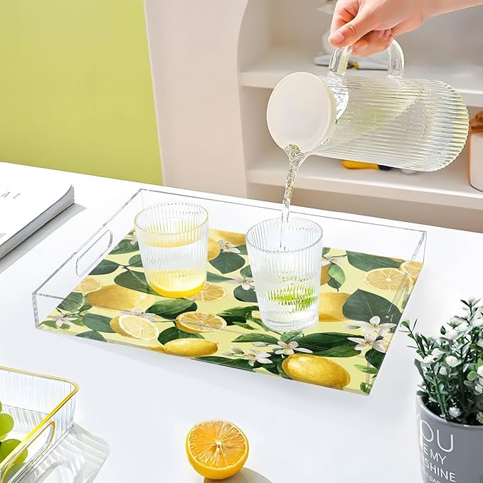 Serving Tray with Handles Clear Acrylic Tray 12x16 Inch Decorative Rectangular Tray Organizer for Ottoman Coffee Table Bathroom Yellow Vibrant Lemons Floral