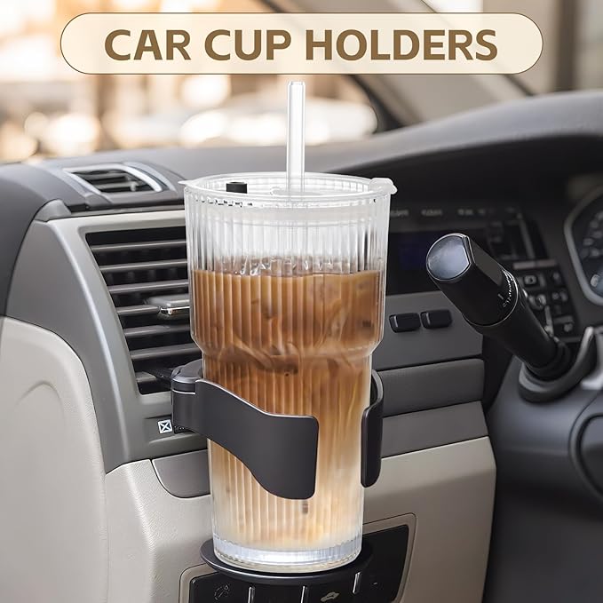 AFINSEA 20OZ Glass Tumbler with Straw and Lid,Glass Cups with Lids and Straws,Ribbed Iced Coffee Cups Vintage Glassware for Juice Whiskey Cocktail Beer