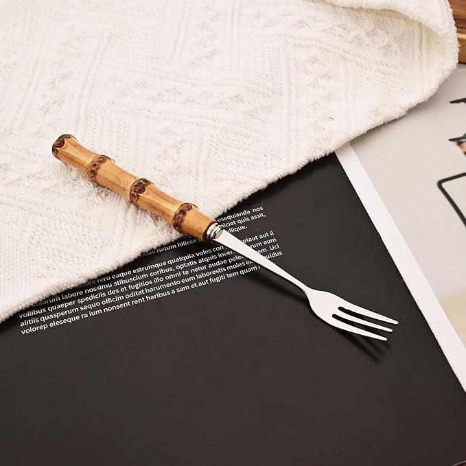 Mirror Polished Silverware Set for 6 - Bamboo Handle Cutlery Set - Stainless Steel Flatware Serving Set for Home Restaurant Wedding and Parties - 24 Pieces Eating Utensils