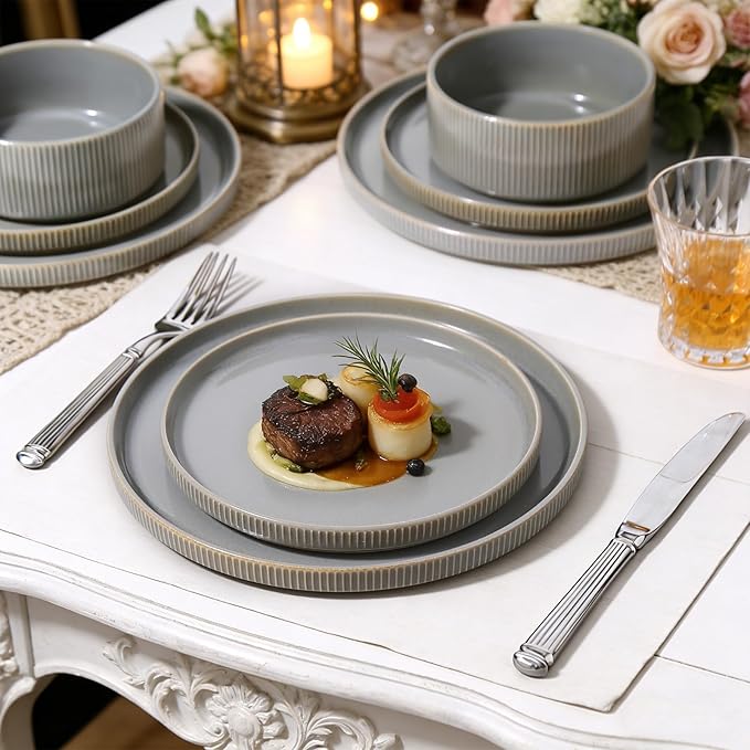 MONITO Ceramic Dinnerware Sets for 6, 18PCS Stoneware Plates and Bowls Sets, Reactive Glaze Dish Set, Chip and Scratch Resistant Double, Microwave and Dishwasher Safe, Sage Mist