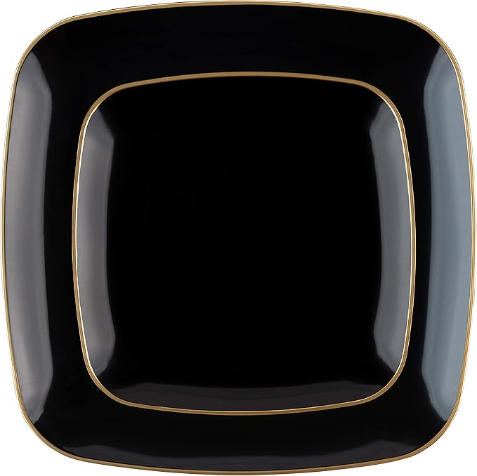 PLASTICPRO Square 32 Piece Combo Plates Set includes 16 x 7'' inch Salad Plates & 16 x 10'' inch Dinner Plates Black Plastic with Gold Rim Design Party Plates, Premium heavyweight Elegant,