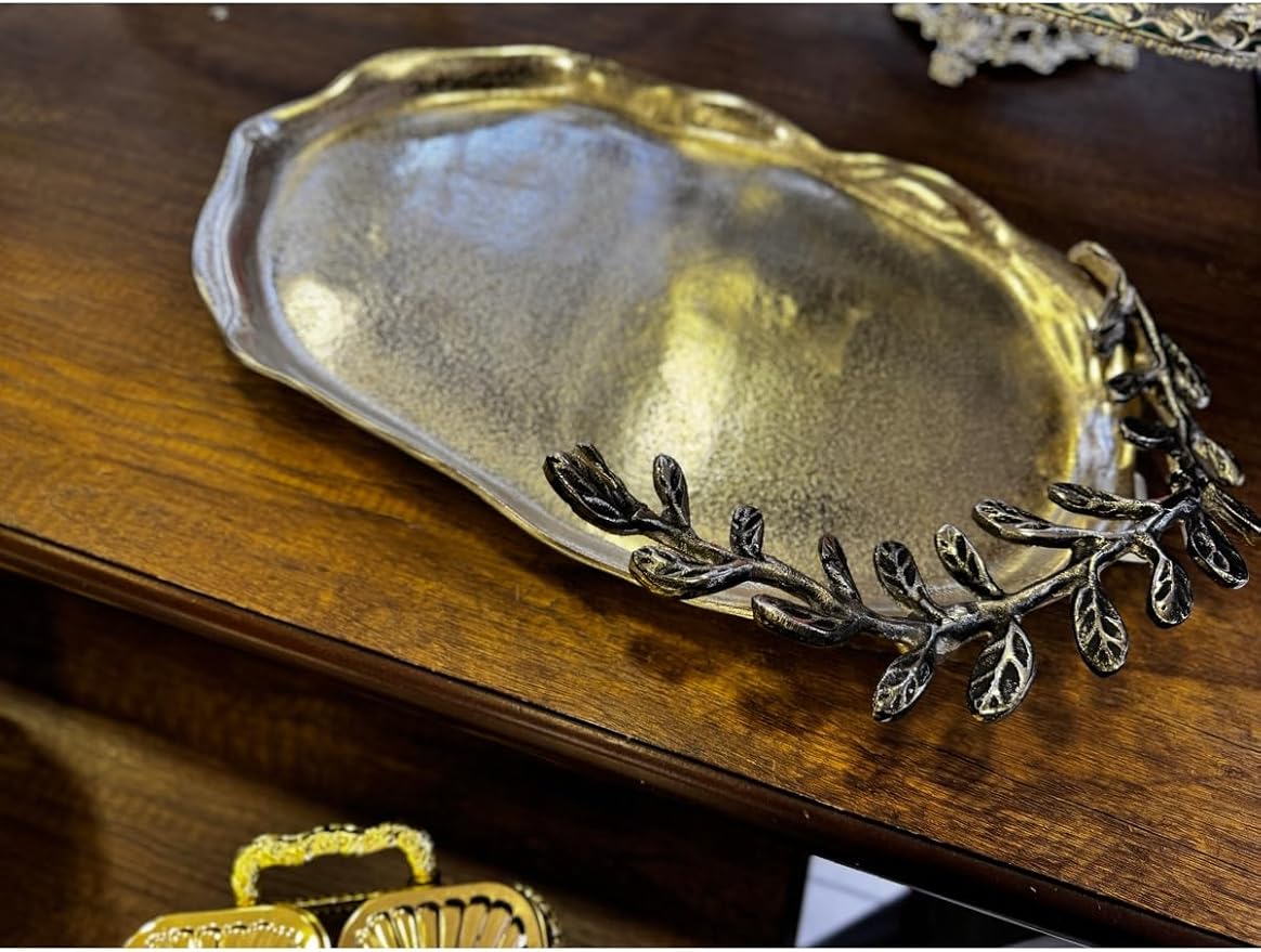 Oval Metal Cast Decorative Tray Silver Color, 16.1x10.2 Inch Serving Tray, Ottoman Style Coffee Table Tray for Home Decor and Parties - Silver, One Size
