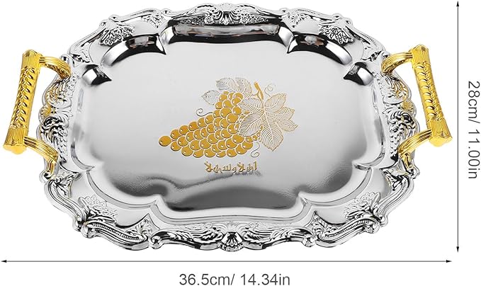Luxshiny European Style Thickened Round Serving Tray 37x28cm Stainless Steel Food Platter with Handles Decorative Metal Serving Tray for Home, Restaurant, and Buffet Use
