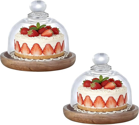 Charcuterie Snow Globes, Glass Dessert Dome with Wood Base, Mini Cake Stand with Clear Cloche Cover, 4 Inch Wooden Cake Plate for Desserts, Cheese, Appetizers, Party & Home Display (2pcs)