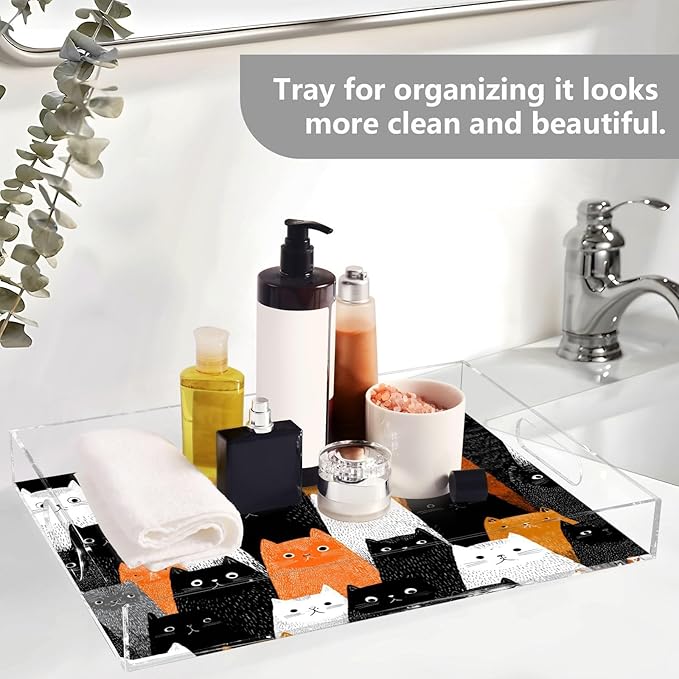 Serving Tray with Handles Clear Acrylic Tray 12x16 Inch Decorative Rectangular Tray Organizer for Ottoman Coffee Table Bathroom Black and White Orange Cat
