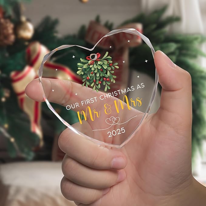 First Christmas Married Ornament 2025 - Wedding Gifts - Mr and Mrs Gifts - Wedding Gift for Couples 2025, Bride, Future Mr and Mrs - Bridal Shower Gift for Married Newlywed - Glass Ornament