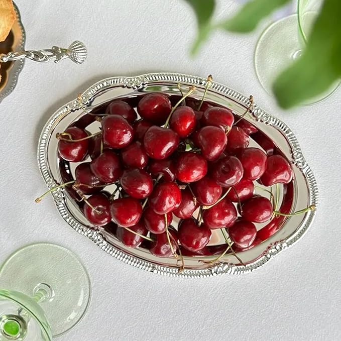 Stainless Steel Oval Platter, Silver Serving Tray, Floral Engraved Decorative Metal Plates Appetizer Platter Mirror Trays for Wedding Birthday Party Snack Fruit Cake (24CM)