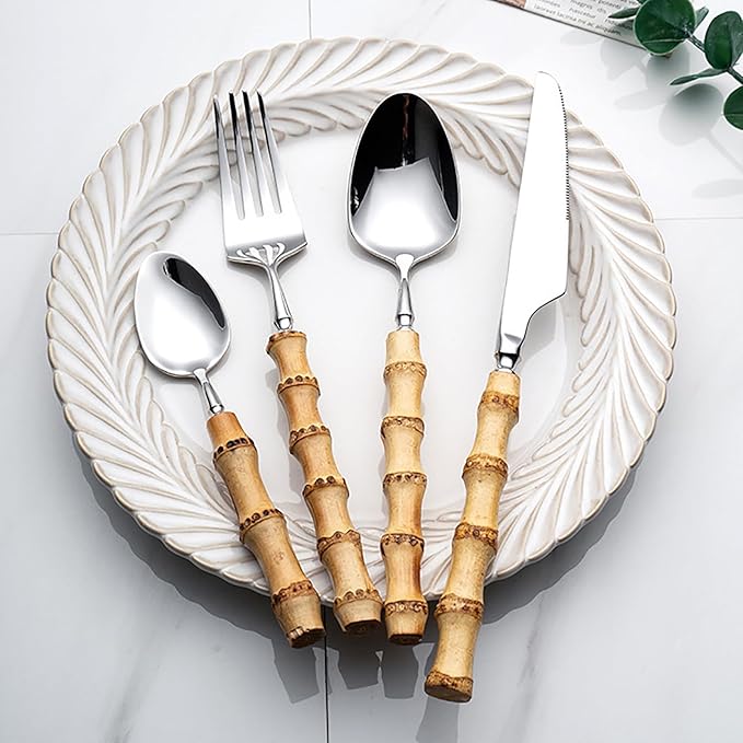 bamboo handle flatware sets for 8, 40 Piece Natural bamboo handle cutlery sets, silverware sets, dinnerware tableware set, Mirror Finished (40-Piece for 8)